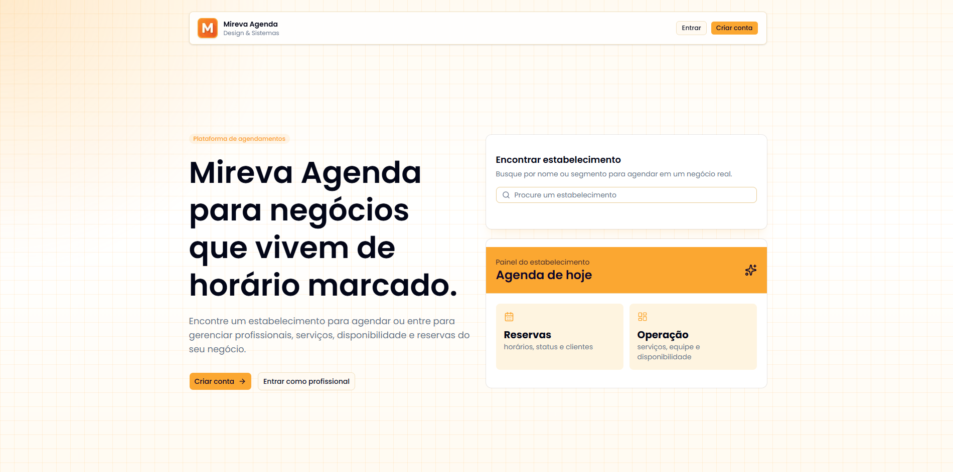 Página inicial do sistema Mireva Agenda